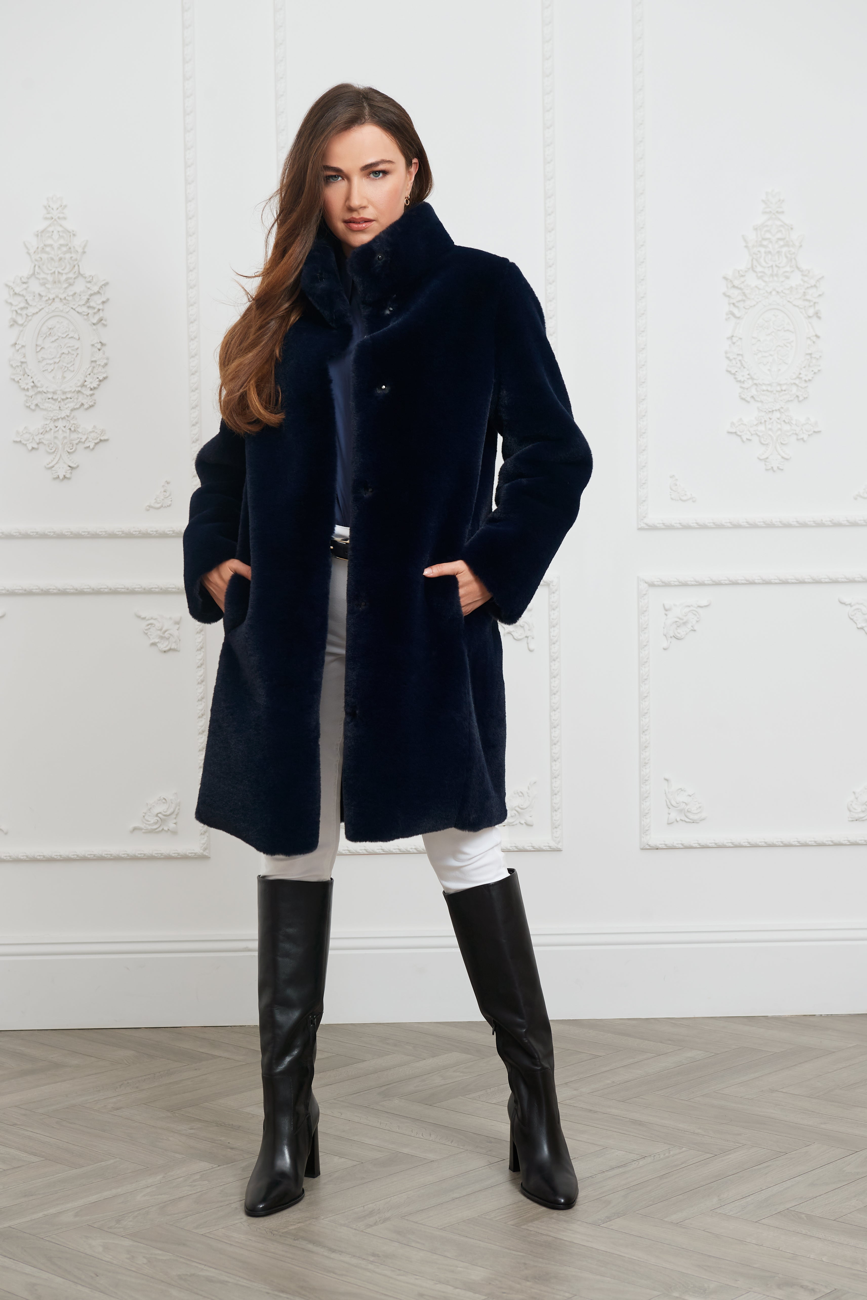 Midnight blue outlet faux fur coat