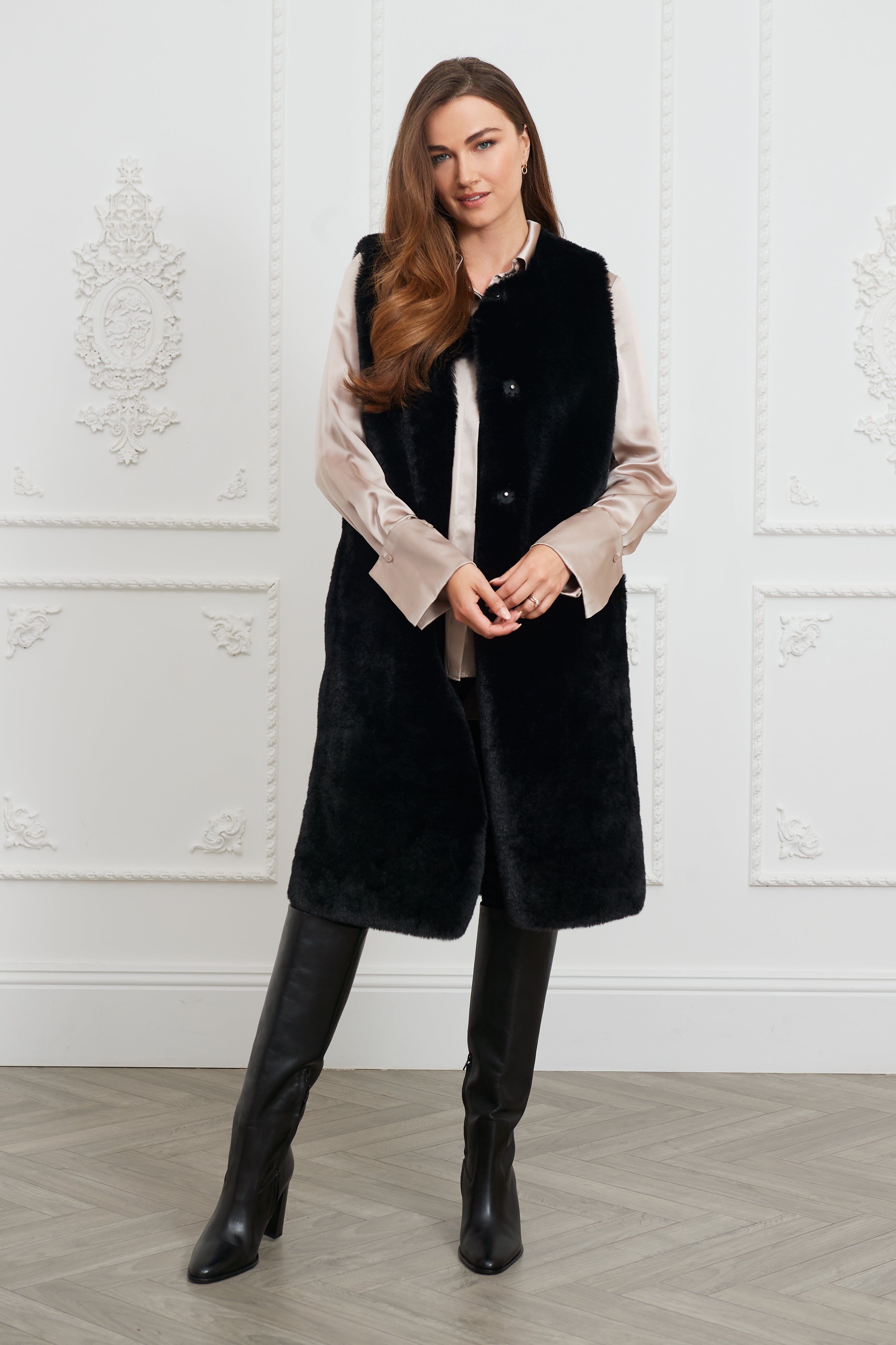 Long black faux hot sale fur gilet