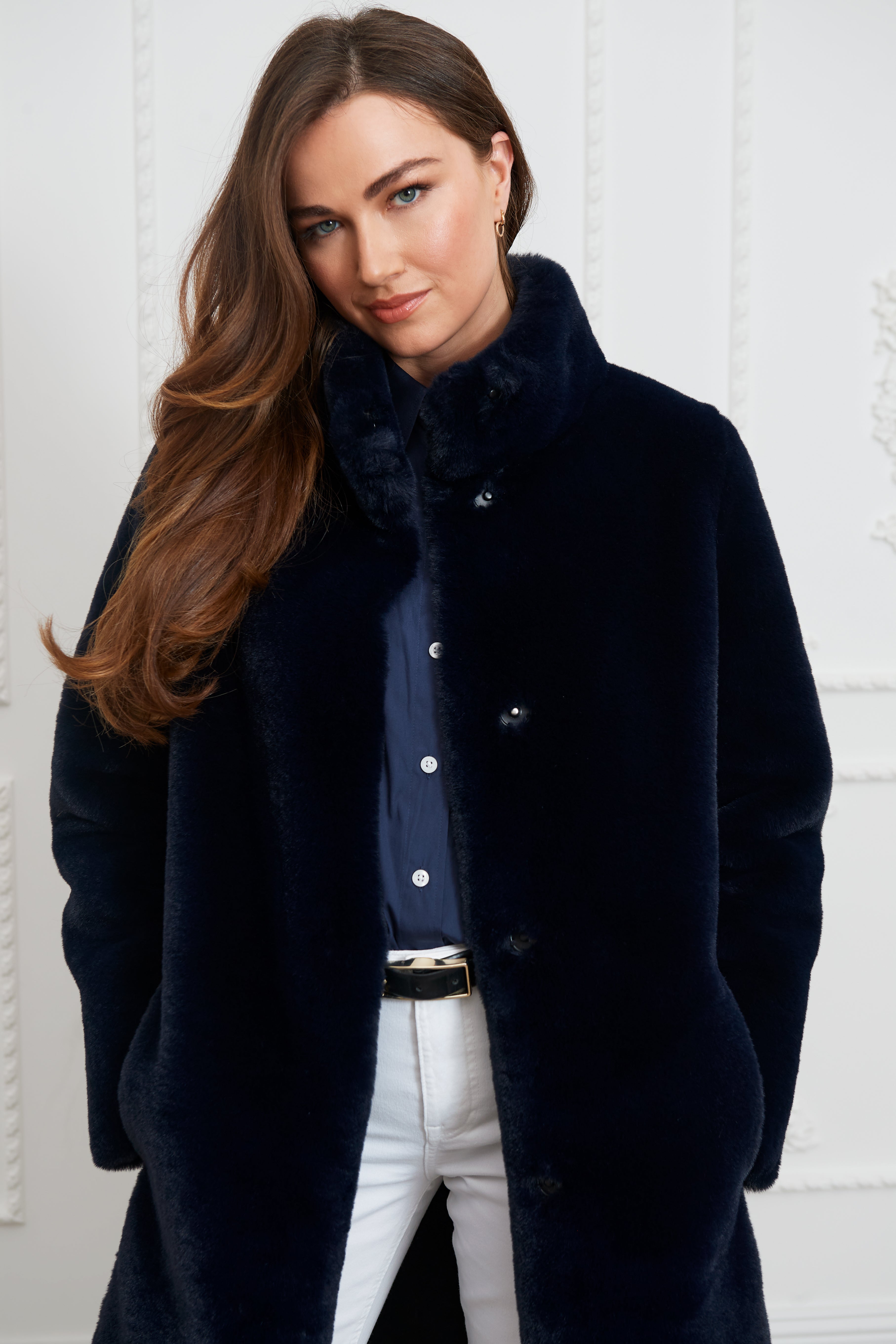 Midnight blue sale faux fur jacket