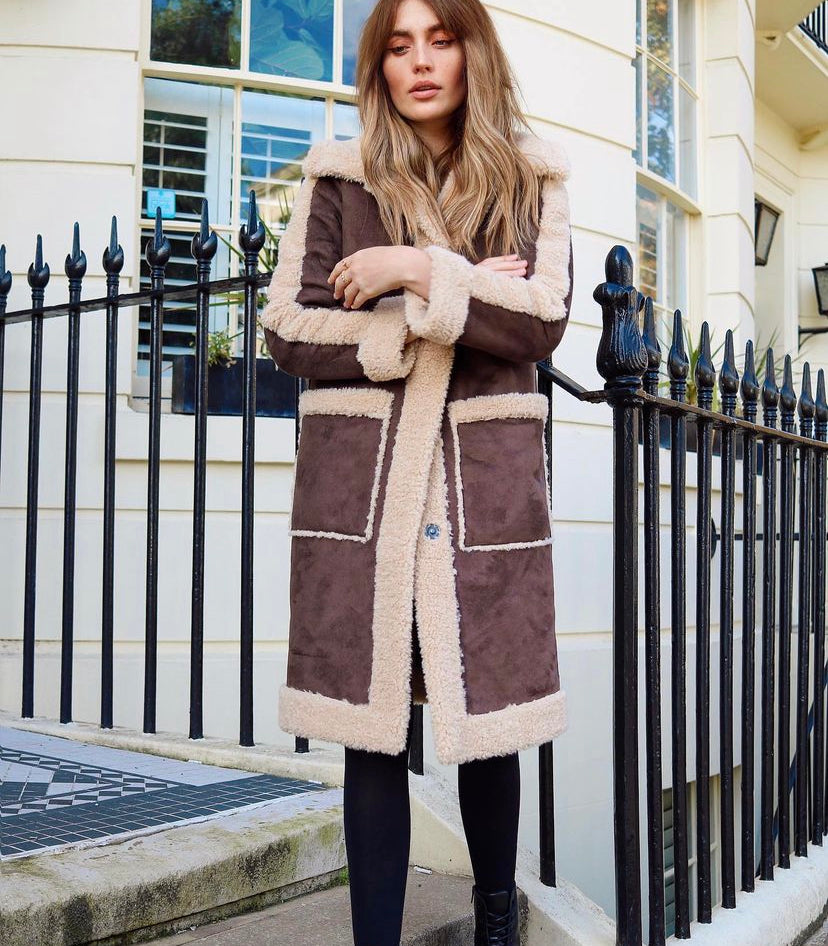 Long faux sheepskin coat hotsell