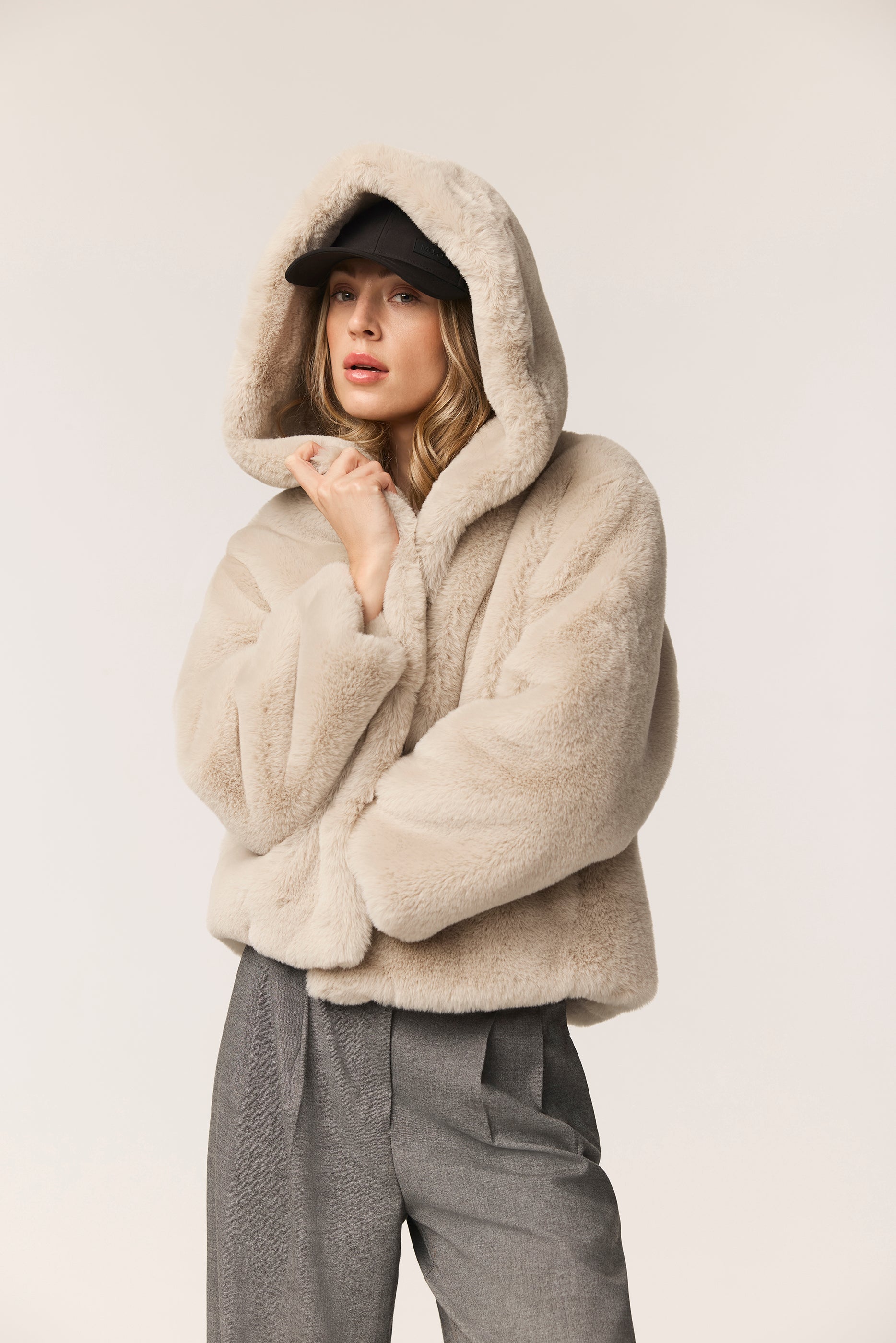 Jade Hooded Luxe Recycled Vegan Faux Fur Jacket Neutral – Issy London
