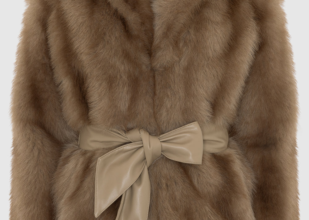Sabine Luxe Recycled Vegan Belted Faux Fur Jacket Tan