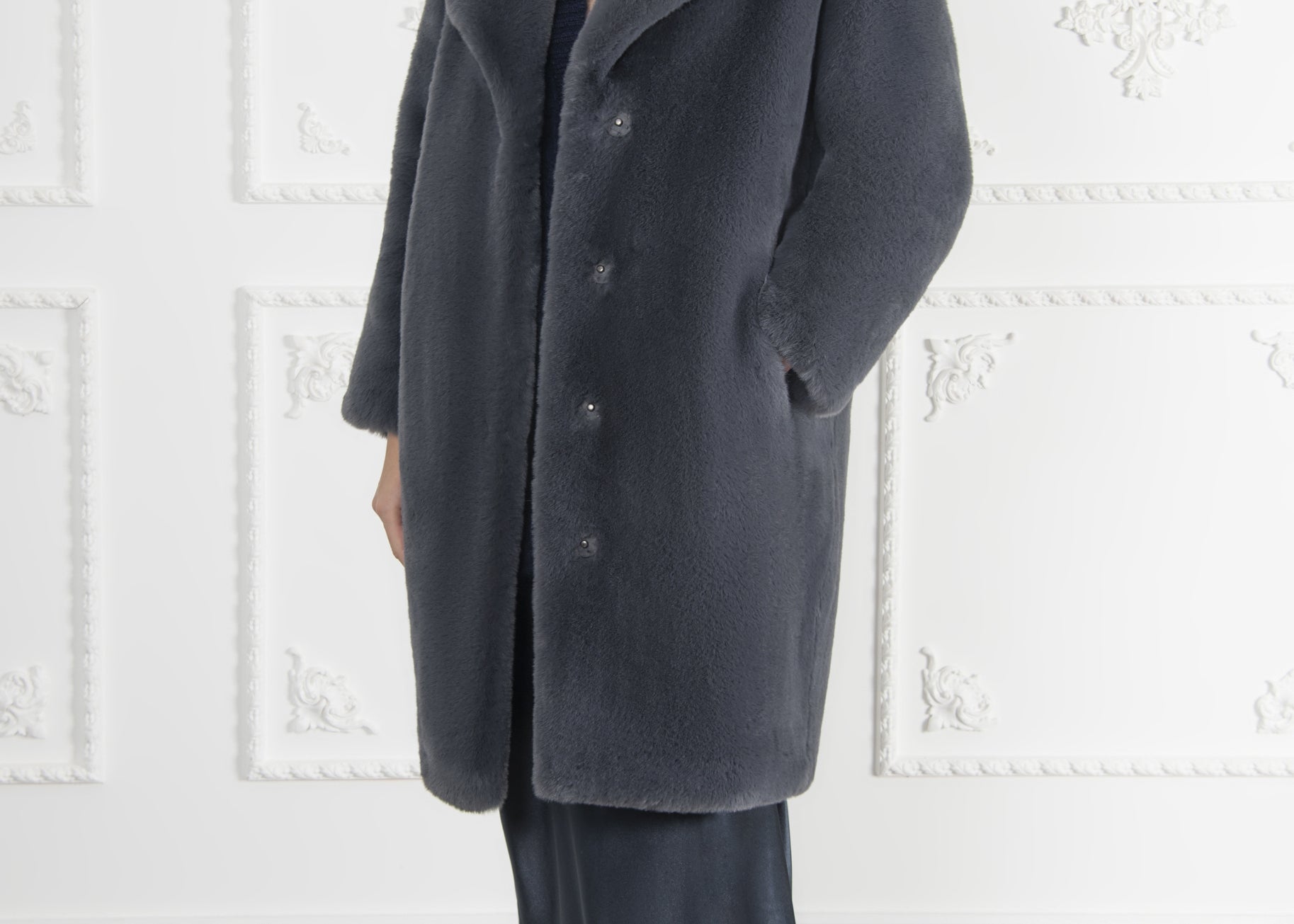 Greta Luxe Long Faux Fur Coat Slate Grey