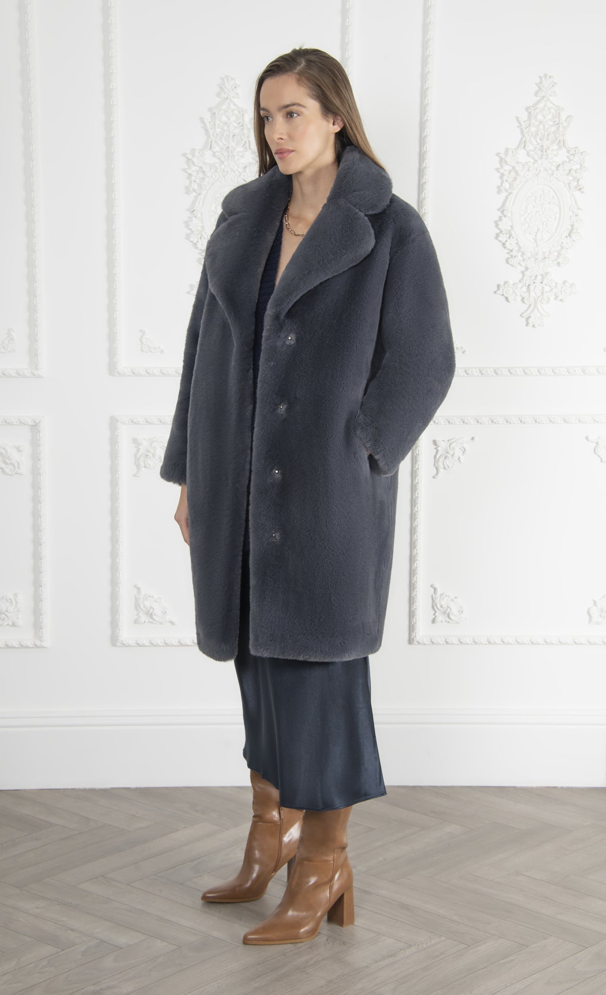 Greta Luxe Long Faux Fur Coat Slate